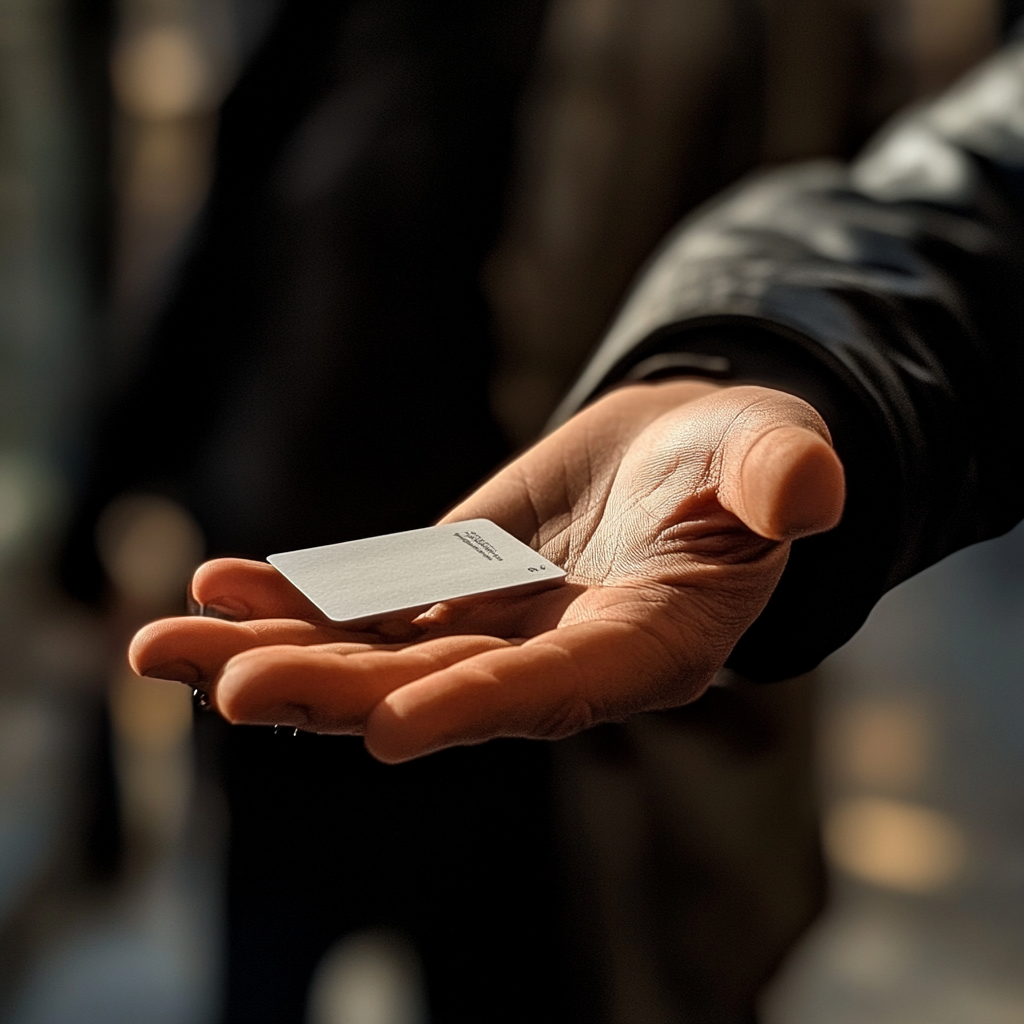 A man holding a business card | Source: Midjourney