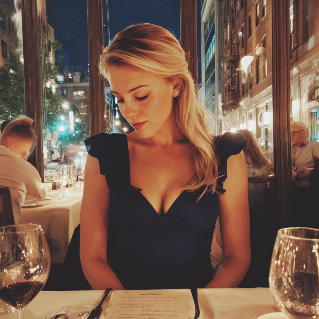 An uncomfortable woman sitting at a table | Source: Midjourney