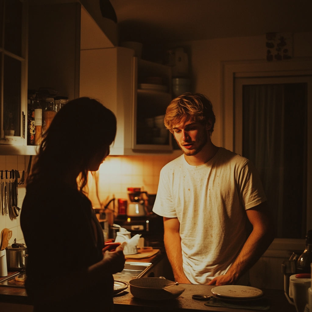 Um casal conversando na cozinha | Fonte: Midjourney