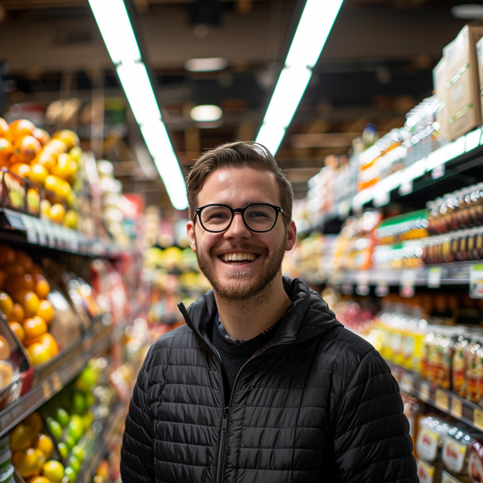 A man standing in a grocery store aisle | Source: Midjourney
