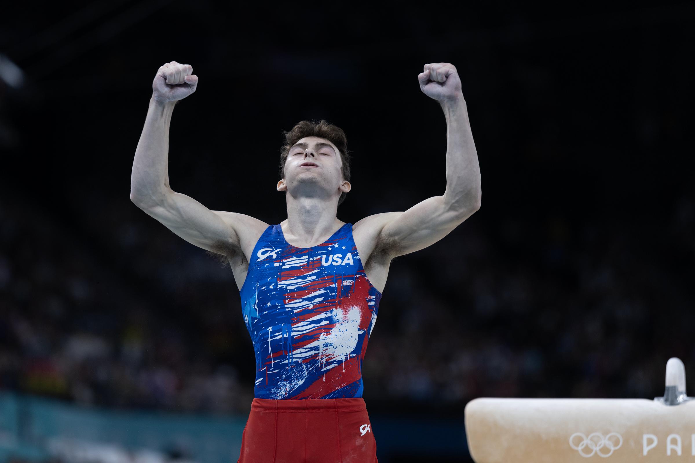 Stephen Nedoroscik reacts after his pommel horse routine during Men's Qualification at the Paris 2024 Olympics on July 27, 2024 | Source: Getty Images