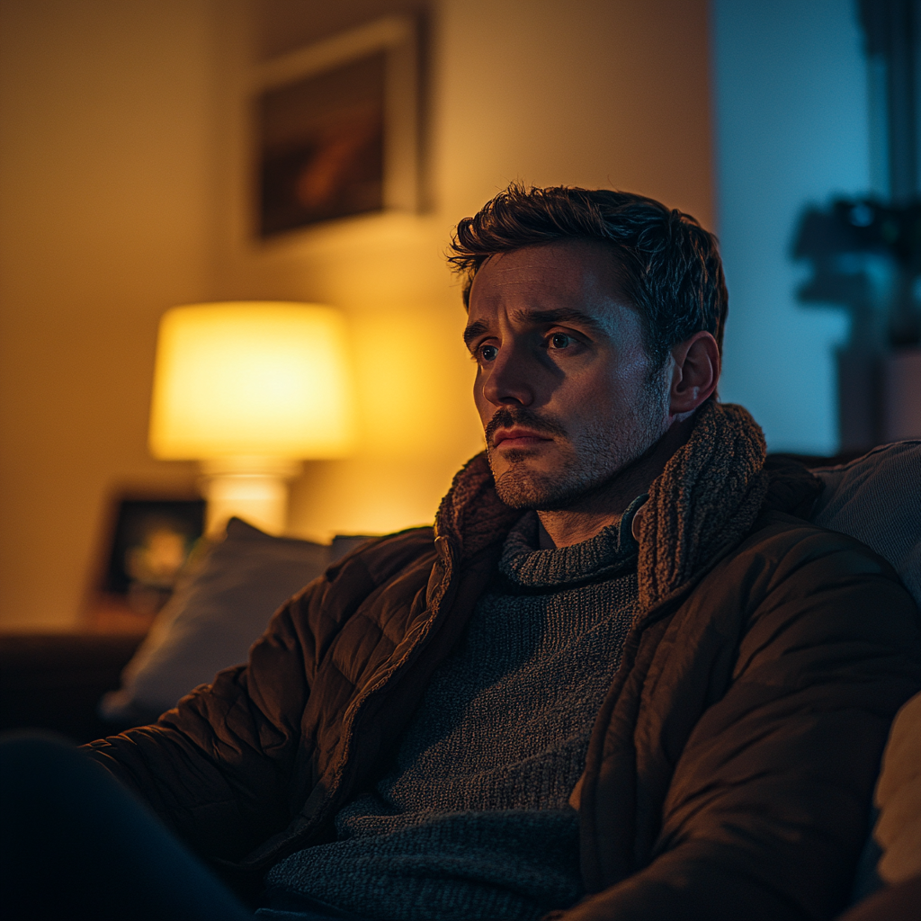 A man looks thoughtful and puzzled while sitting at home | Source: Midjourney