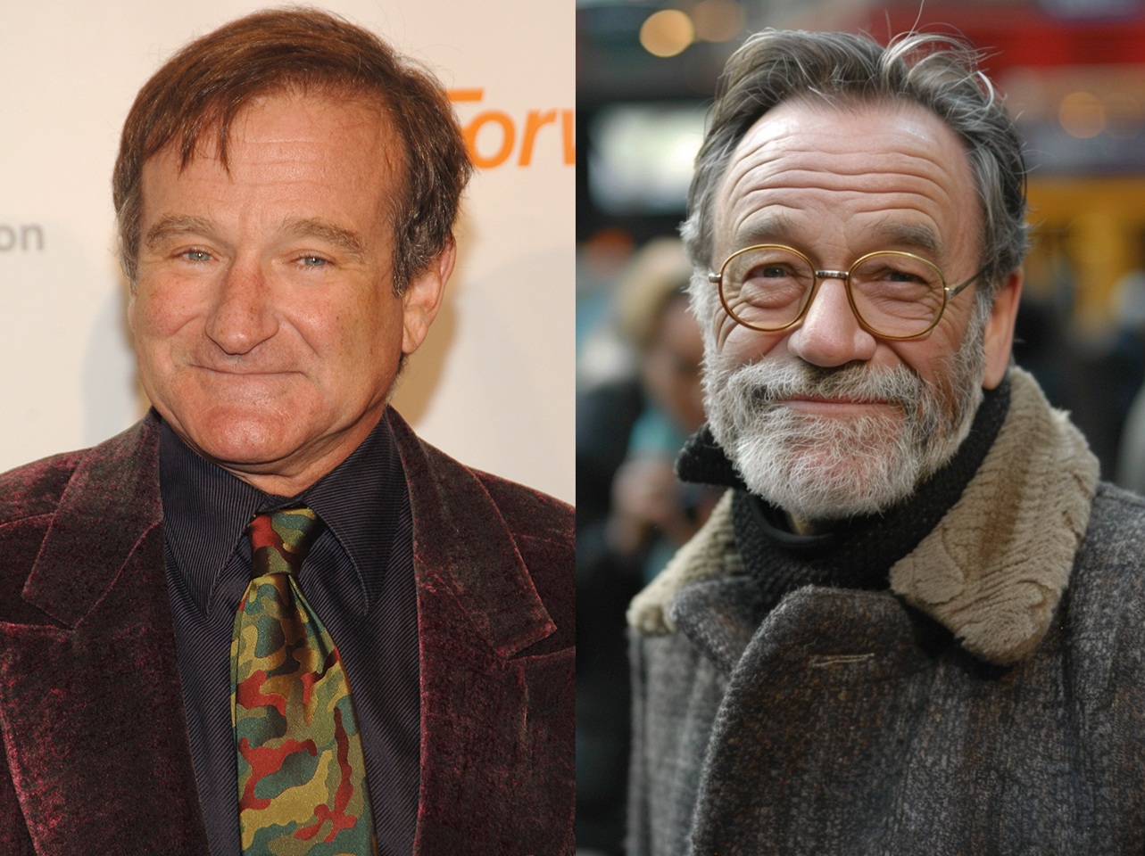 Robin Williams during The Christopher Reeve Foundation's "A Magical Evening" in 2005 | AI image of Robin Williams in old age | Source: Getty Images | Midjourney