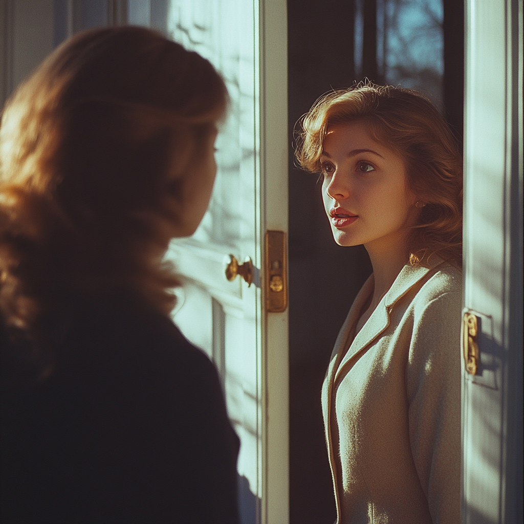 Two women talking by an open door | Source: Midjourney