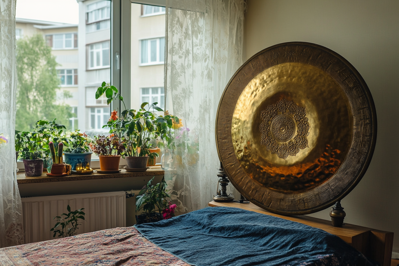 A brass gong near a bed | Source: Midjourney