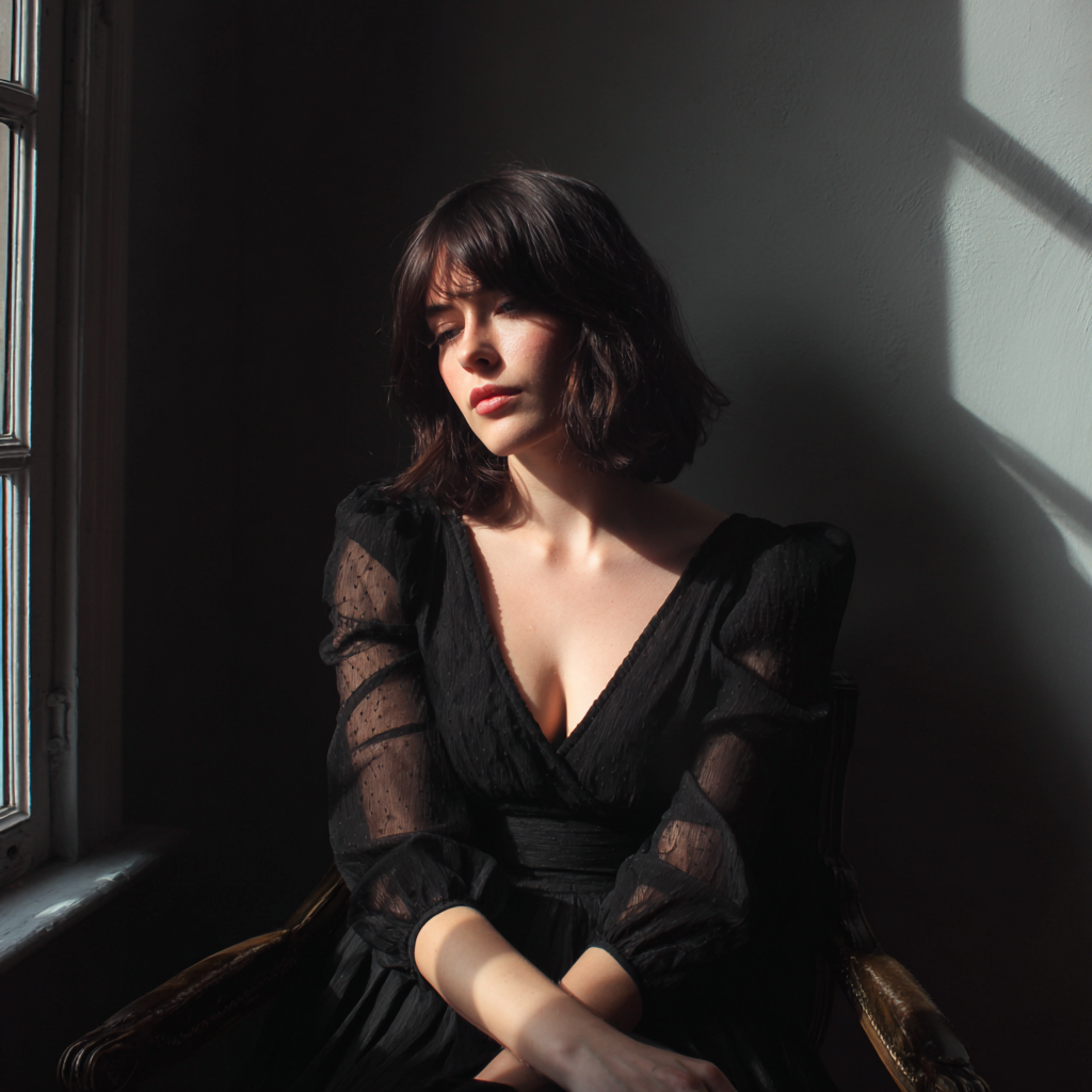 An emotional woman sitting by a window | Source: Midjourney