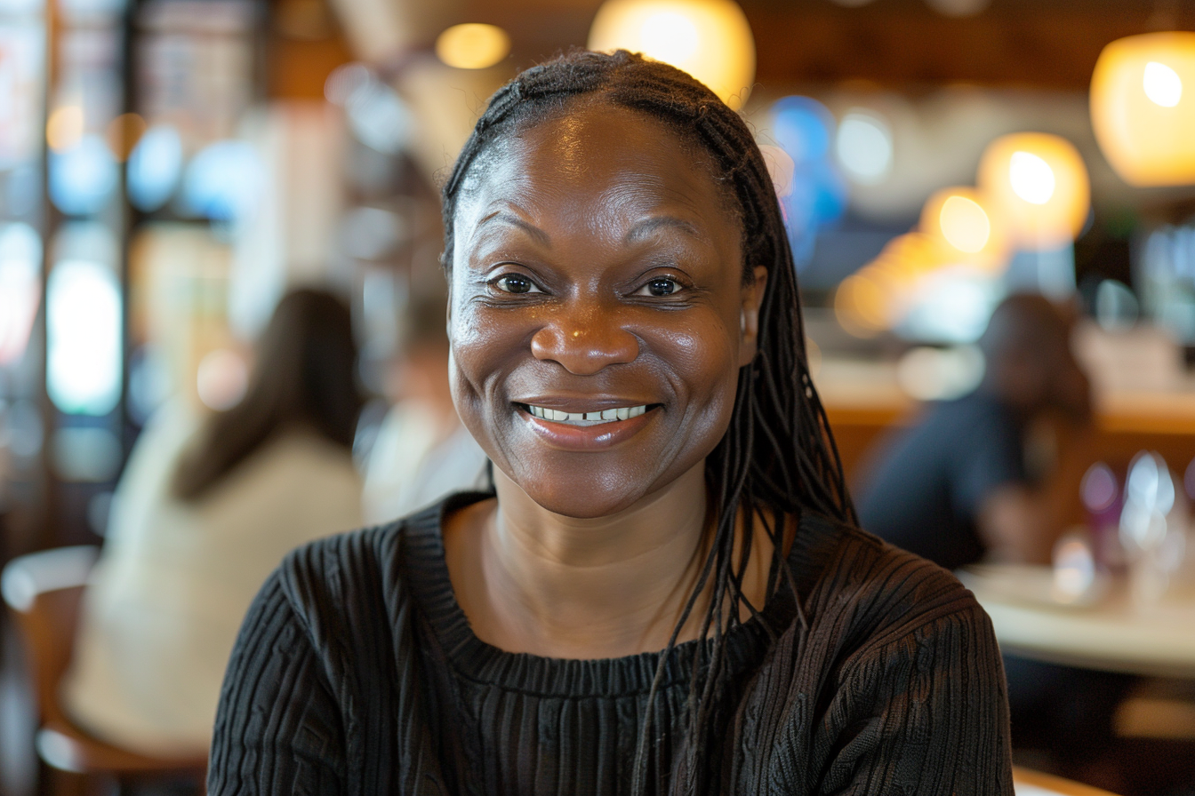 A smiling woman at a restaurant | Source: Midjourney