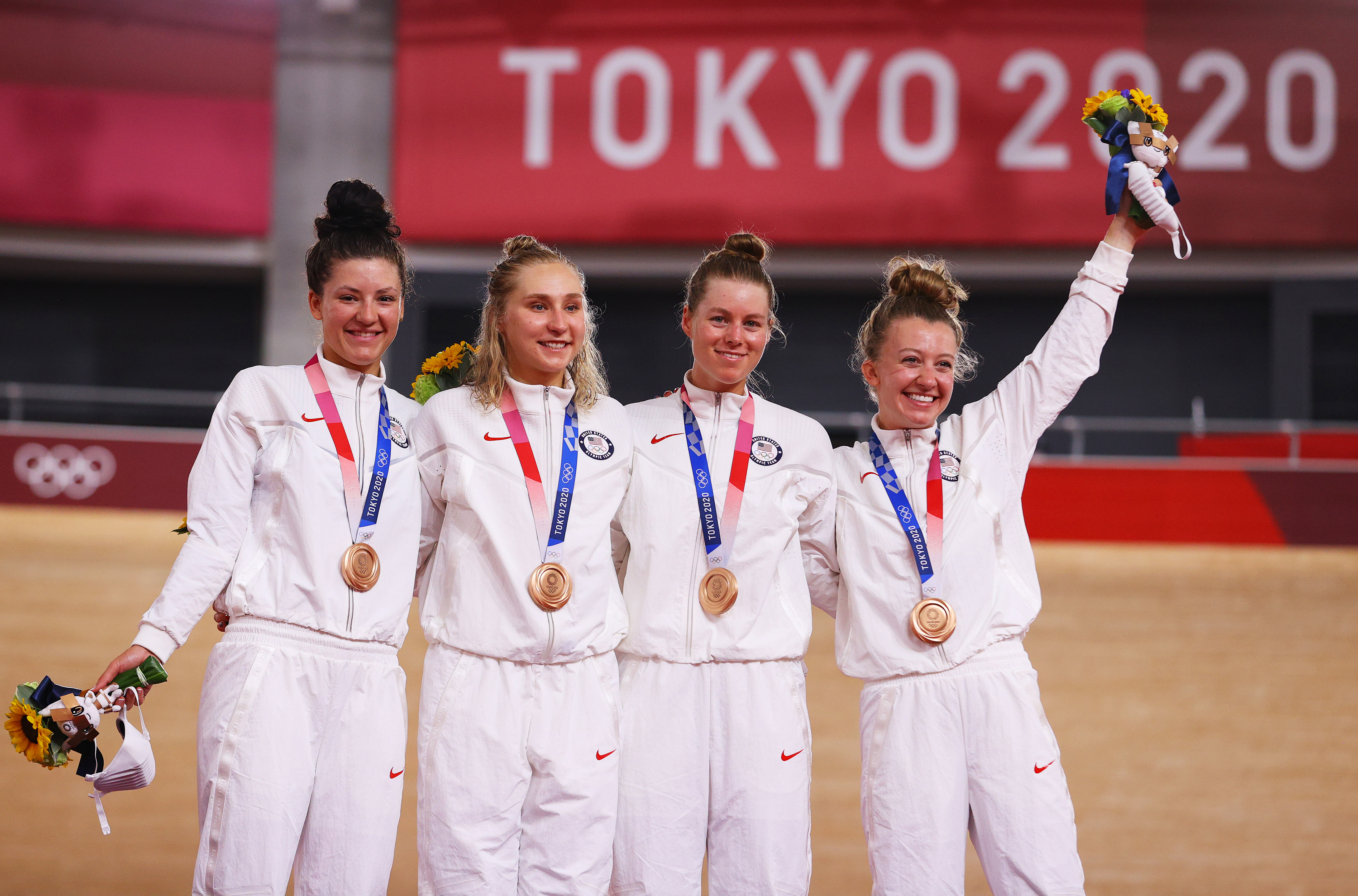 Team USA during the medal ceremony of the Women's Team Pursuit Finals at the Tokyo 2020 Olympic Games in Izu, Japan on August 3, 2021 | Source: Getty Images