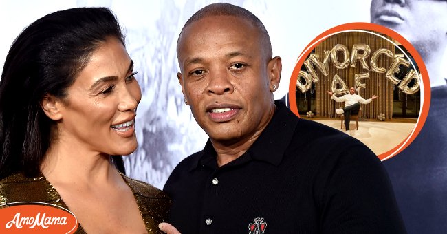 Dr. Dre (R) and wife Nicole Young attend the premiere of "Straight Outta Compton" at Microsoft Theater on August 10, 2015 in Los Angeles, California. | Photo: Getty Images Inset: Dr. Dre celebrates his divorce | Photo: Instagram/ Breyon Prescott 