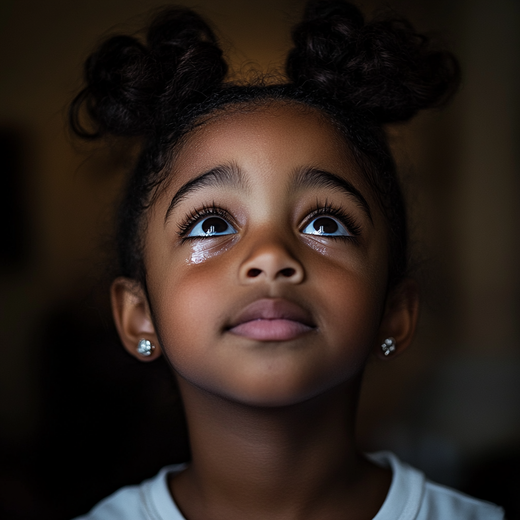 A teary-eyed little girl looking up | Source: Midjourney