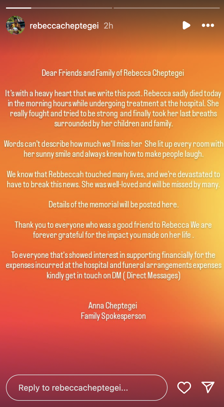 Rebecca Cheptegei's family's statement following her passing. | Source: Instagram/rebeccacheptegei