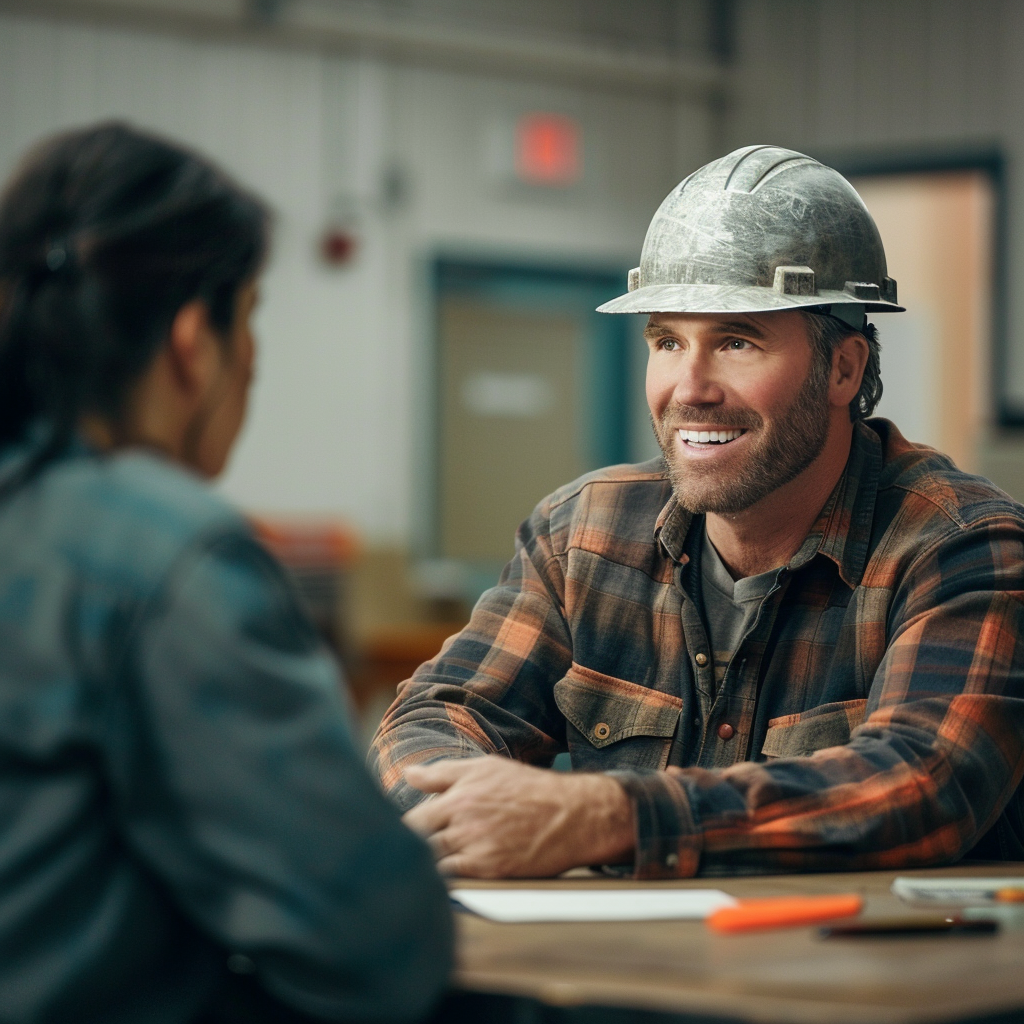 A happy construction worker talking to a female | Source: Midjourney