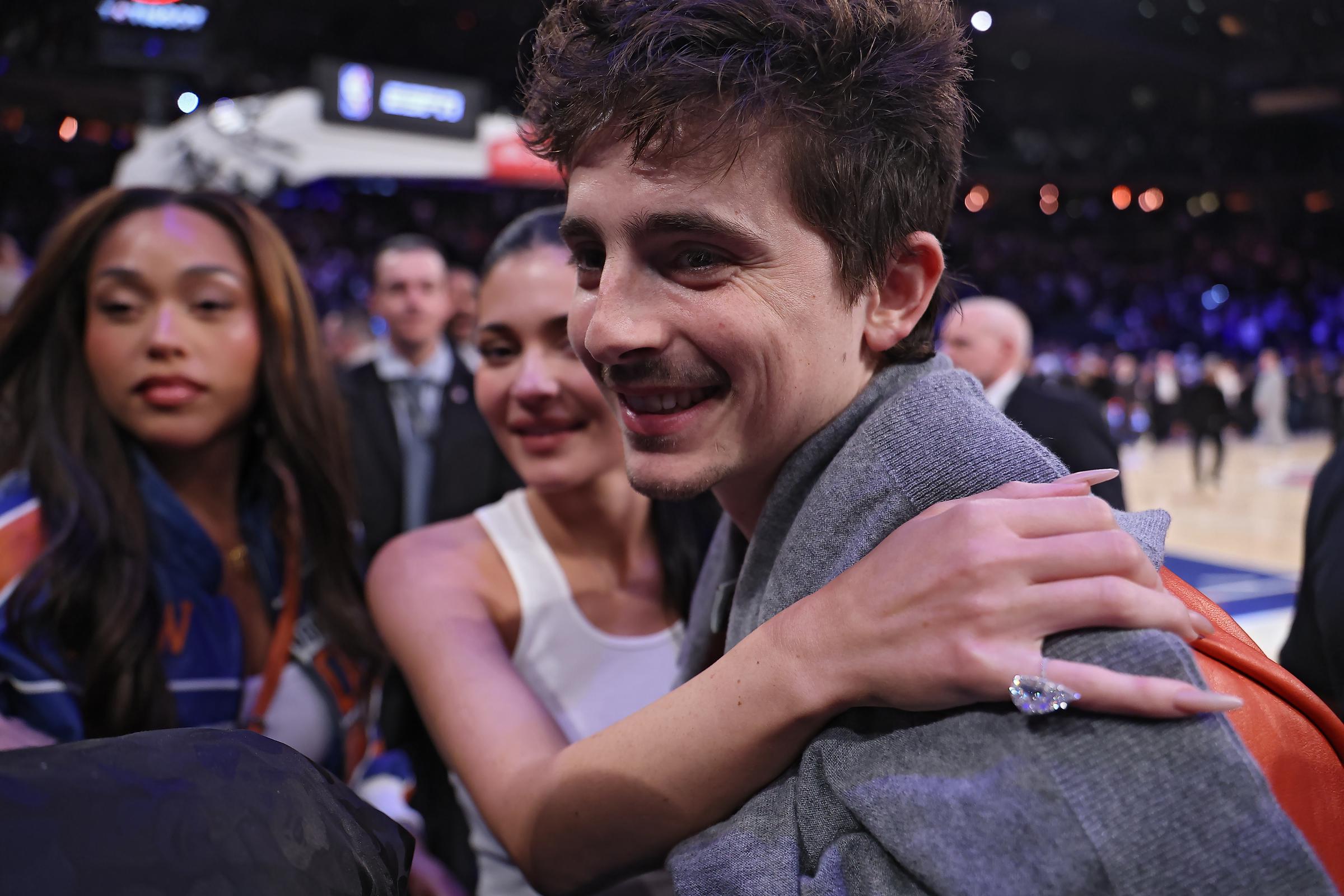 Timothée Chalamet reacts after Game Two of the Second Round of the NBA Eastern Conference Playoffs between the New York Knicks and the Philadelphia 76ers at Madison Square Garden on May 06, 2026 in New York City. | Source: Getty Images