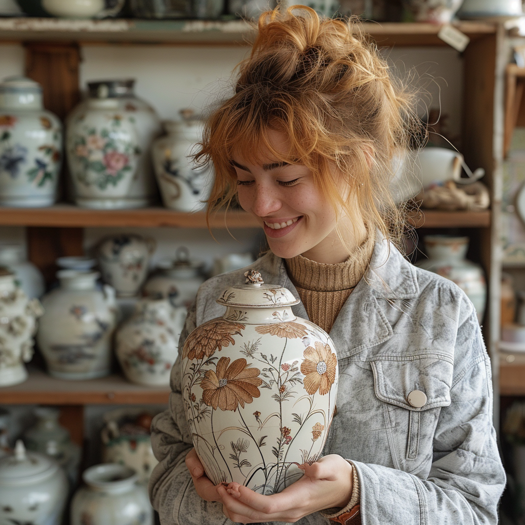 Elaine holds her new vase | Source: Midjourney