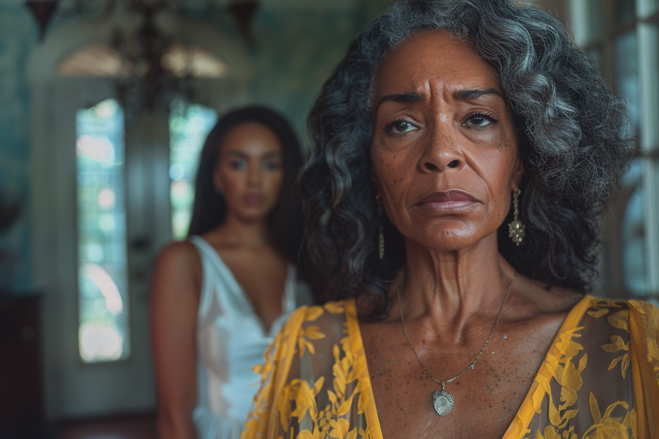 Old woman wearing a pendant looking sad | Source: Midjourney