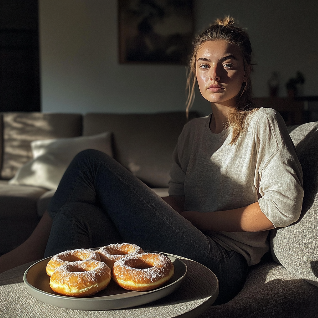 A woman sitting in her living room | Source: Midjourney