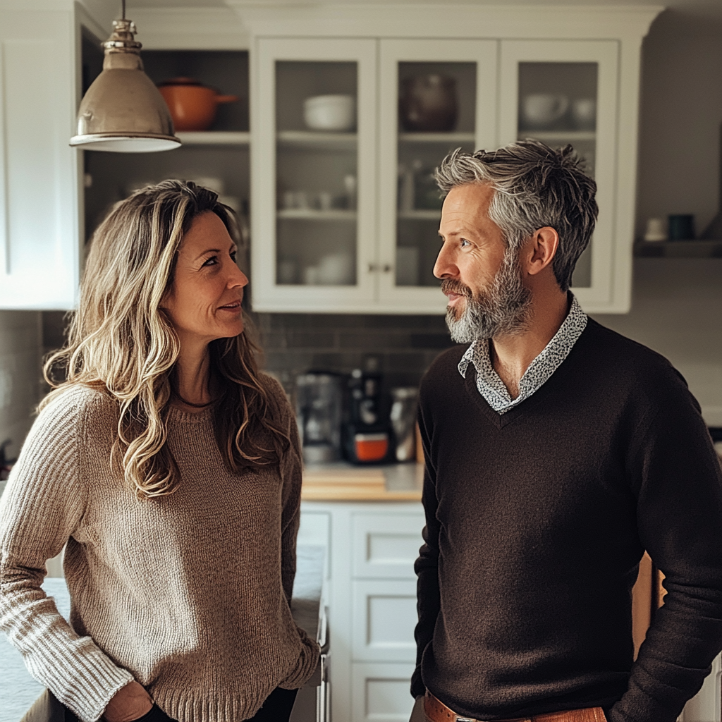 A couple standing and talking in the kitchen | Source: Midjourney