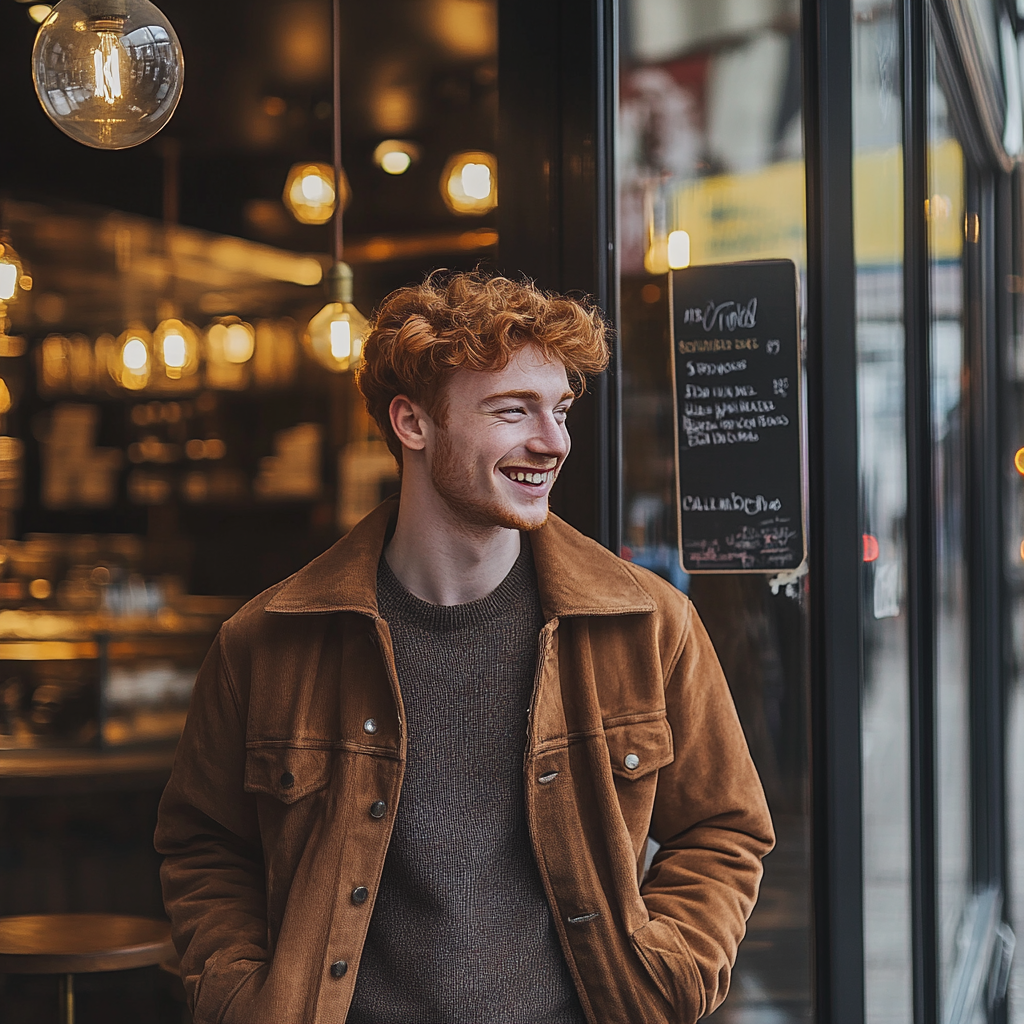 A happy redhead man walking into a cafe | Source: Midjourney