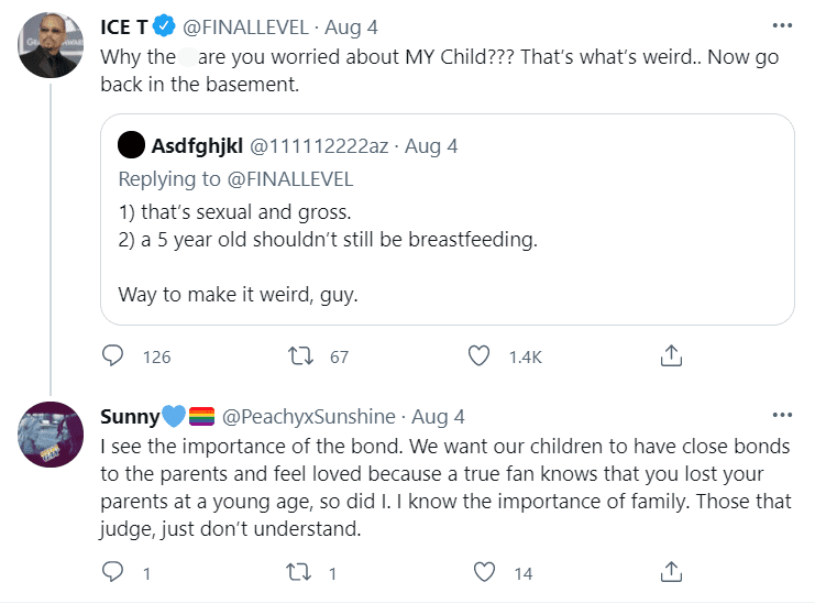 Ice T interacting with a Twitter user who criticized his wife for breastfeeding their daughter | Source: twitter.com/finallevel