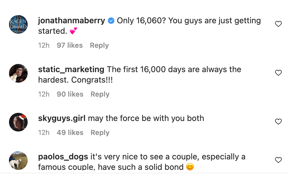 Fan comments on Mark Hamill's follow-up post on December 19, 2022, after celebrating his 44th wedding anniversary | Source: Instagram/markhamill