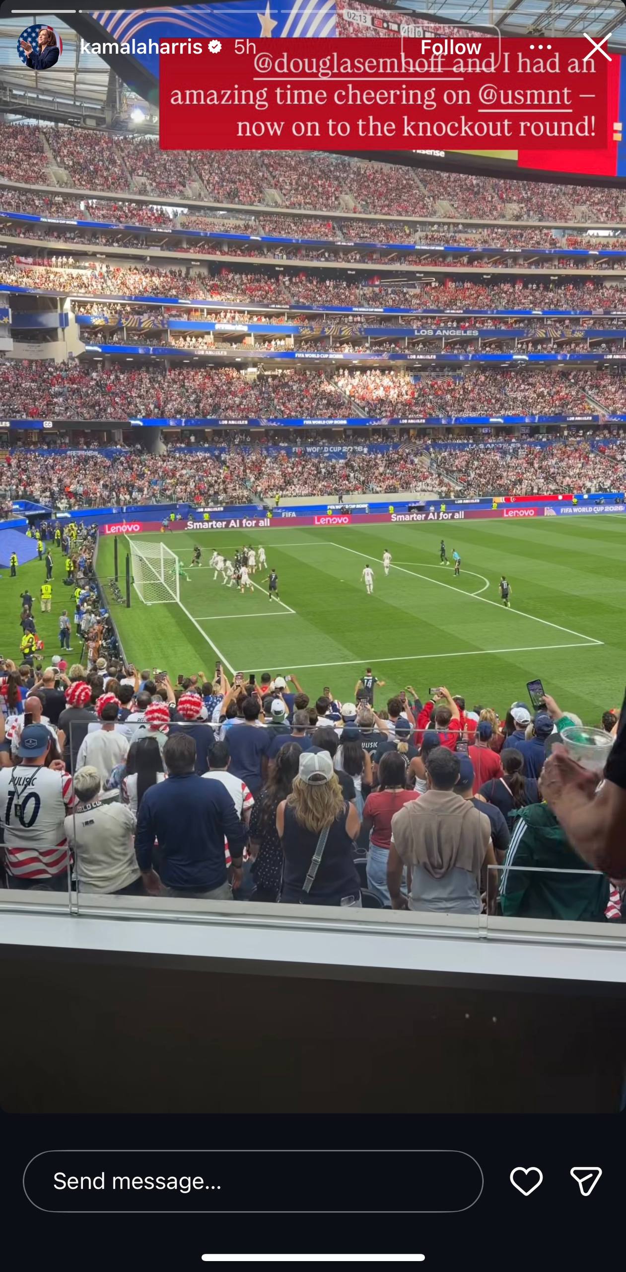 And of course, she still celebrated TEAM USA despite their lost on Thursday night because the knockout stage is next! | Source: Instagram/kamalaharris