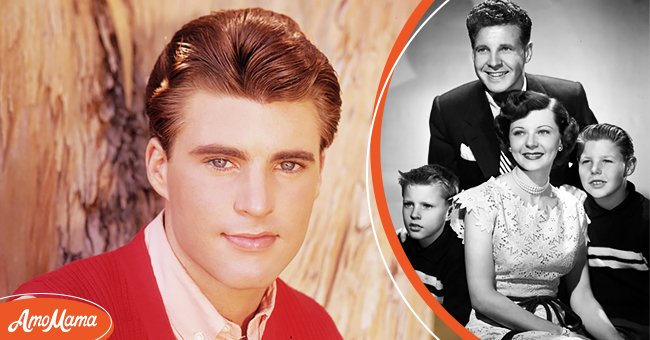 Outdoor portrait of actor Ricky Nelson. [Left]  David Nelson, Ozzie Nelson, Ricky Nelson and Harriet Nelson pose for a family portrait in circa 1946. [Right].   | Photo: Getty Image