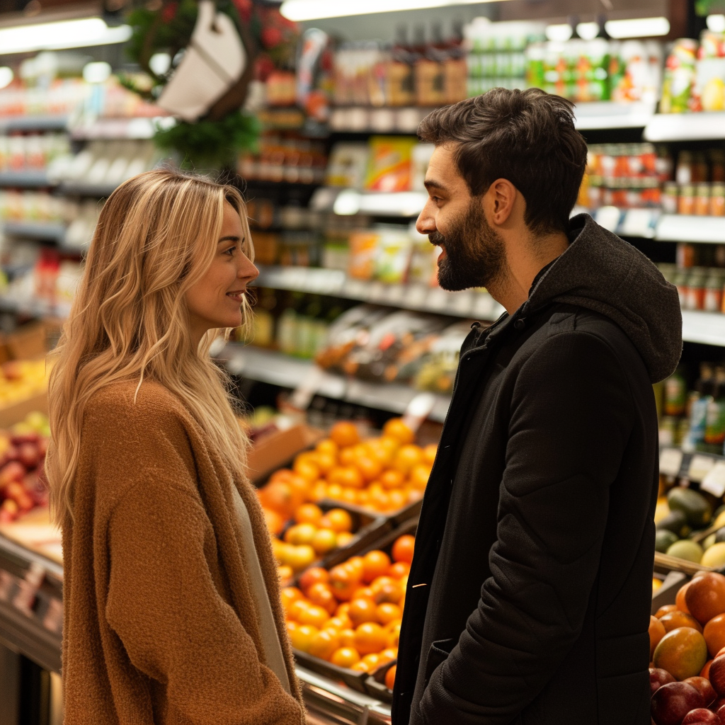 The couple chatting at the supermarket | Source: Midjourney