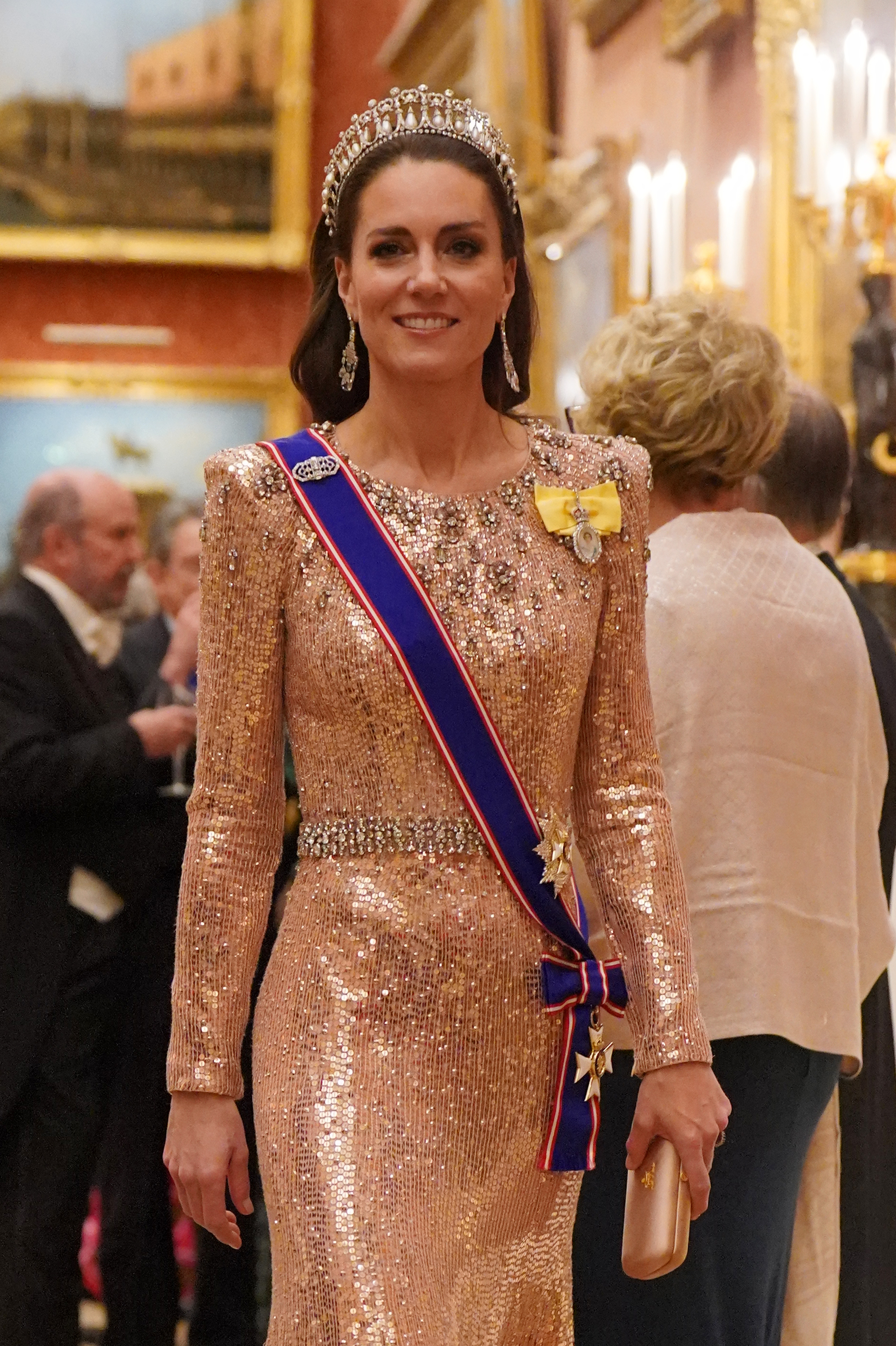 Catherine, Princess of Wales, attends an evening reception for members of the Diplomatic Corps at Buckingham Palace on December 5, 2023, in London, England. She stuns in a Jenny Packham gown that would later be worn by Queen Mary in 2025.