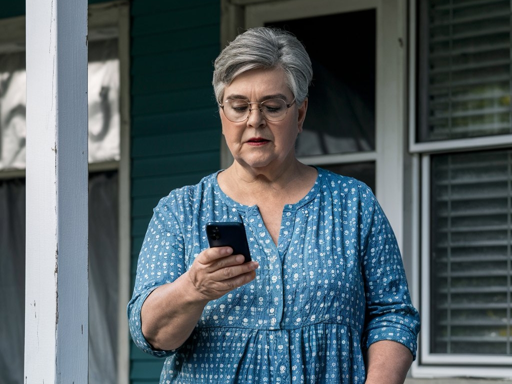 A woman standing on a porch, looking at a mobile phone in her hand | Source: Midjourney