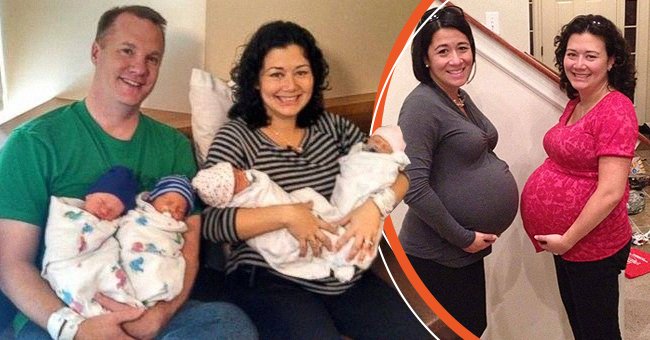 Joby et Annie Johnston berçant les quadruplés [à gauche]. Chrissy Knott et Annie Johnston montrent leurs bébés [à droite]. | Photo : facebook.com/annie.k.johnston | facebook.com/chrissy.k.knott