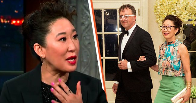 Sandra Oh at "The late show with Stephen" [left] Sandra Oh and her husband Lev Rukhin attend the State Dinner to honor Prime Minister Trudeau and Mrs. Sophie Trudeau of Canada at the White House March 10, 2016 in Washington, DC. Hosted by President and First Lady Obama. [right]. | Source: Getty Images