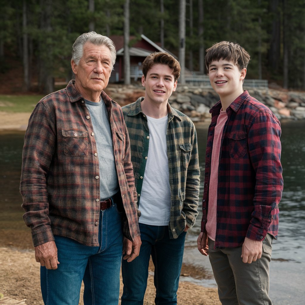 An older man and two young men posing in front of a lakeside cabin | Source: Midjourney