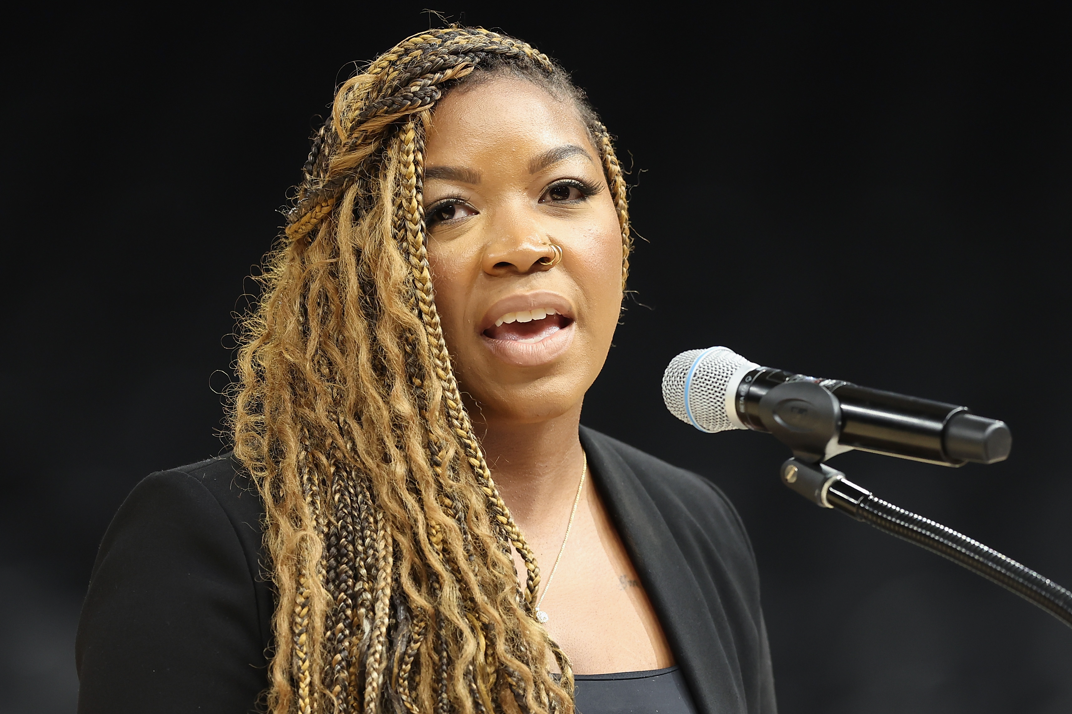 Cherelle Griner speaks during a rally to support the release of detained American professional athlete Brittney Griner, her wife, at Footprint Center on July 6, 2022 in Phoenix, Arizona. | Source: Getty Images