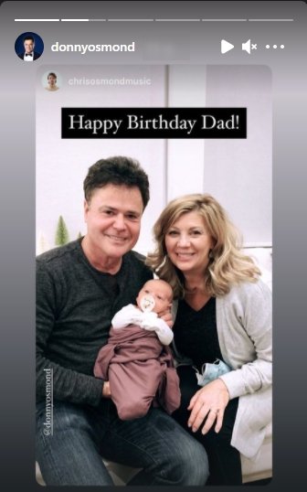 Photo of Donny Osmond and his wife, Debbie Osmond, posing with their son, Christopher's newborn daughter | Photo: Instagram / donnyosmond