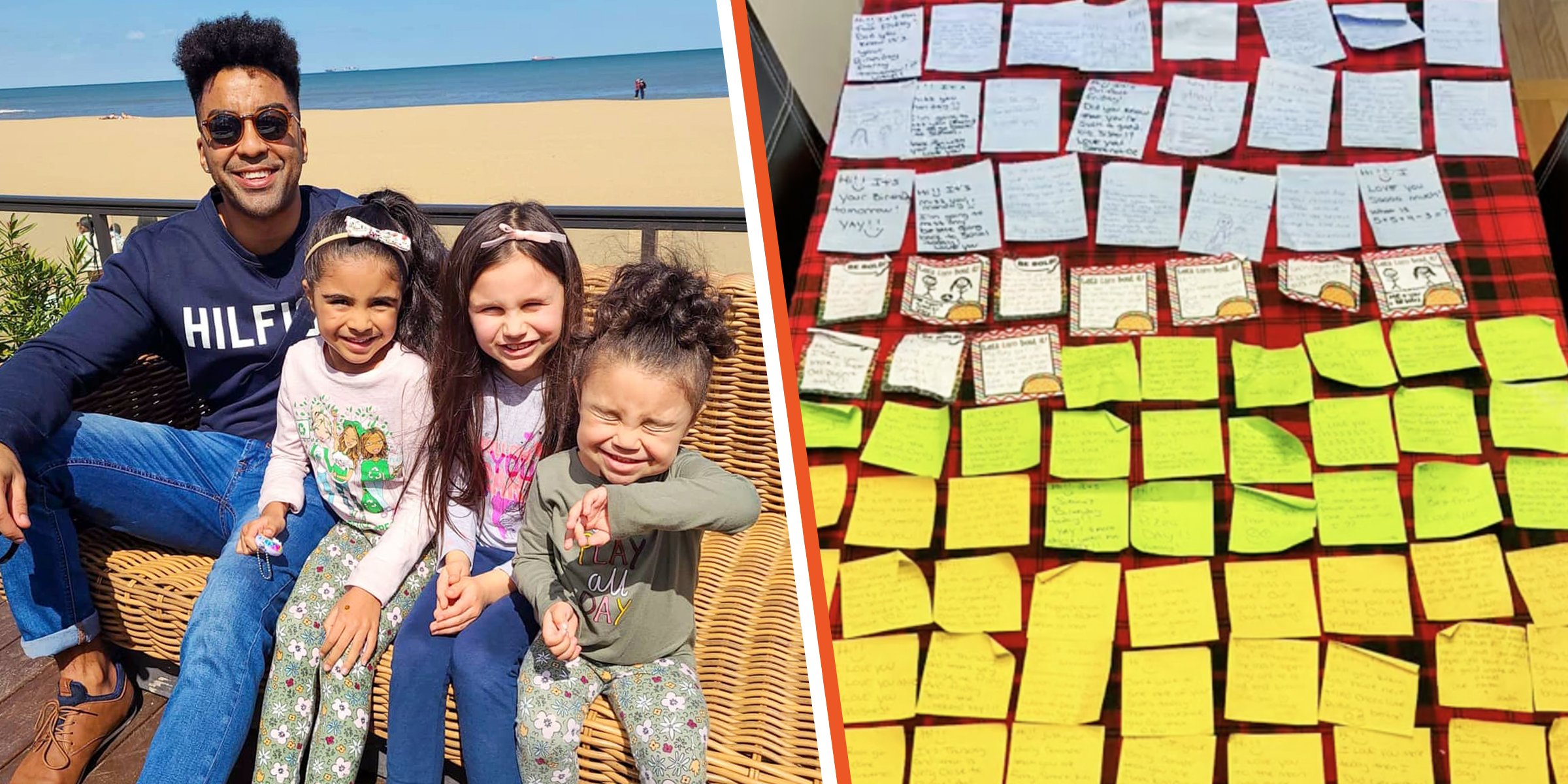 Jordan Clendenin with his three daughters | The hand-written lunch box notes | Source: tiktok.com/sabrinamatata | instagram.com/jordan_alshain