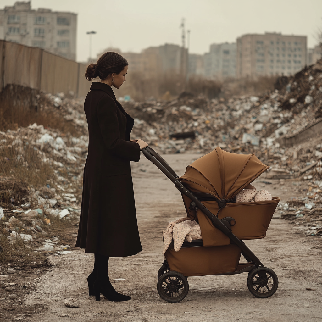 Wealthy woman with a stroller at a dumpsite | Source: Midjourney