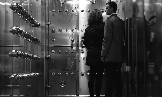 Bella and Peter standing in front of the bank vault door | Source: Midjourney