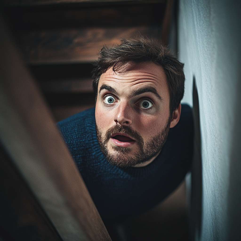 A shocked and scared man going down the staircase in an old cellar | Source: Midjourney