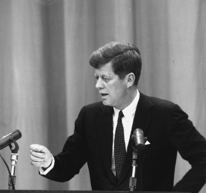 American President John F Kennedy (1917 - 1963) holds a press conference shortly after the successful manned space flight. | Source: Getty Images