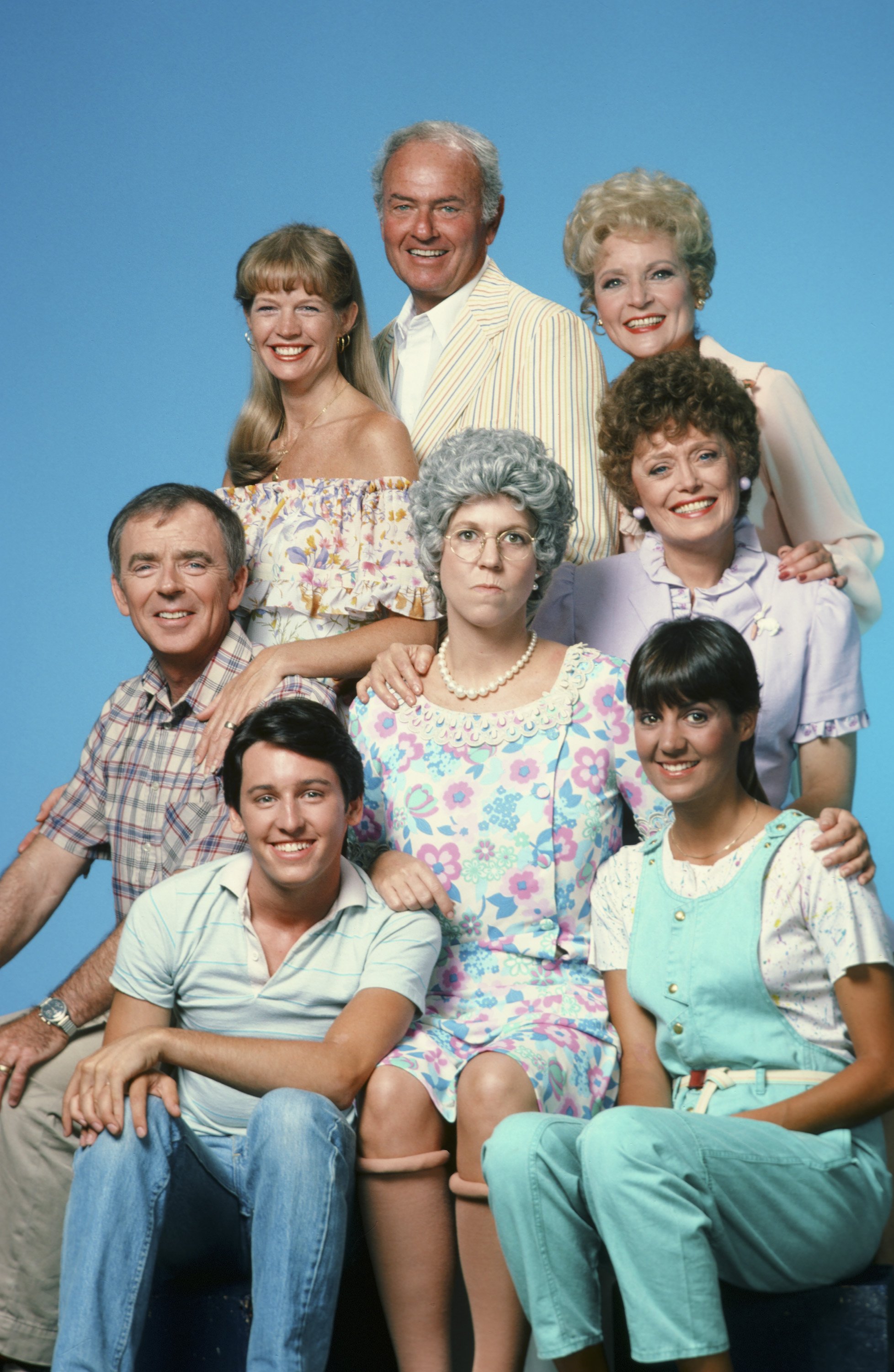 Top row, left to right: Dorothy Lyman, Harvey Korman, and Betty White. Middle row, left to right: Ken Berry, Vicki Lawrence, and Rue McClanahan. Front row, left to right: Eric Brown and Karin Argoud on "Mama's Family" | Source: Getty Images