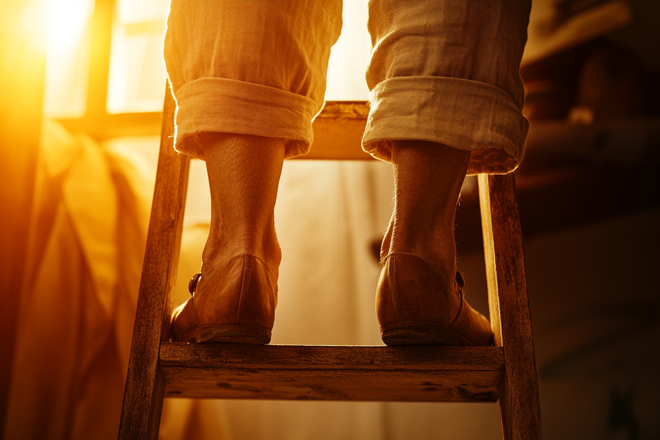 Close-up shot of a woman climbing up a ladder | Source: Midjourney