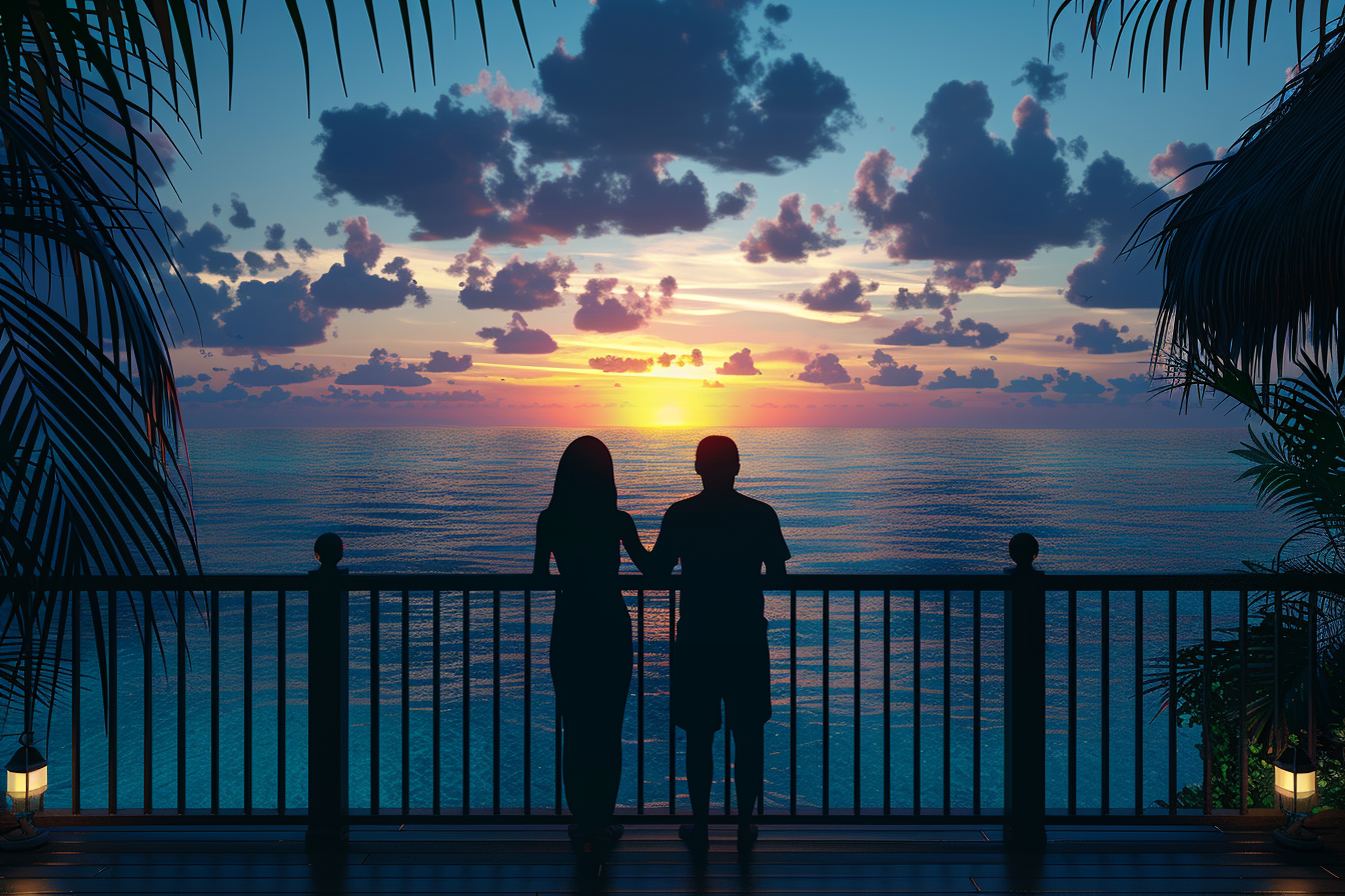 Silhouette of a couple admiring the sunset by the sea | Source: Midjourney