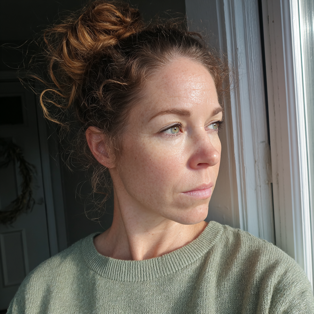 A worried woman standing at her front door | Source: Midjourney