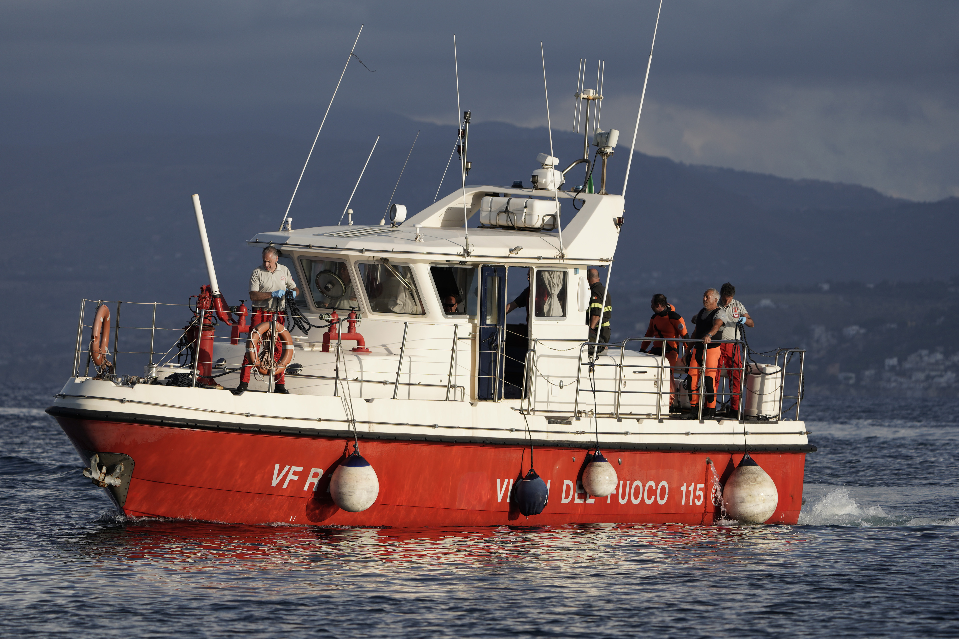 An Italian fire and rescue services vessel during search operations for the luxury yacht Bayesian which sank off the coast of Porticello, Sicily, on August 21, 2024. | Source: Getty Images