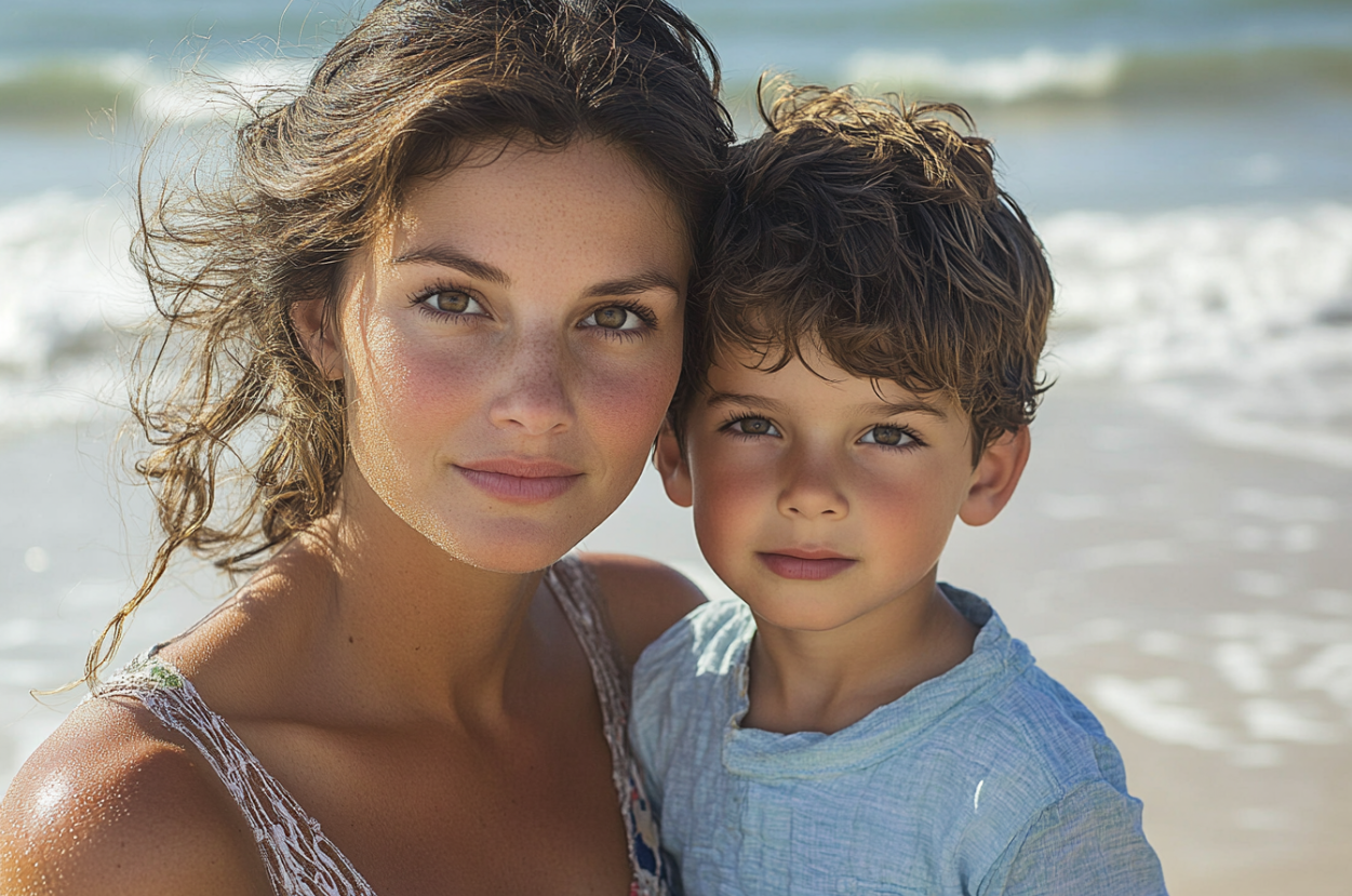 A woman holding a boy on a beach | Source: Midjourney