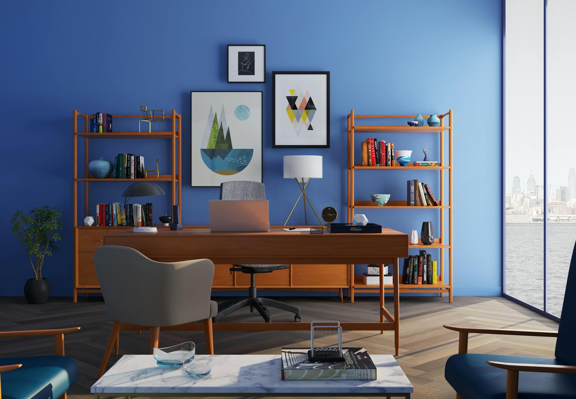 A fancy office with a blue wall | Source: Pexels