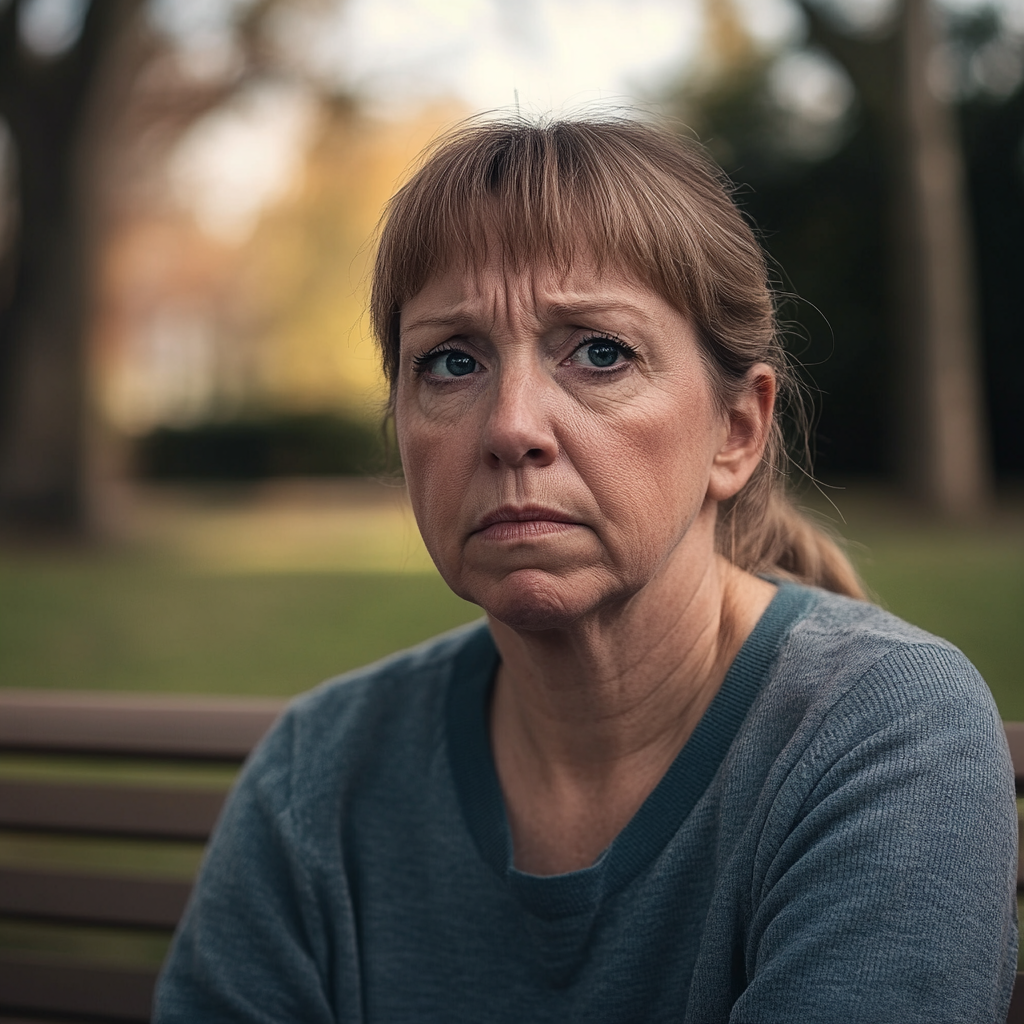 A lonely and depressed woman sitting alone on a bench | Source: Midjourney