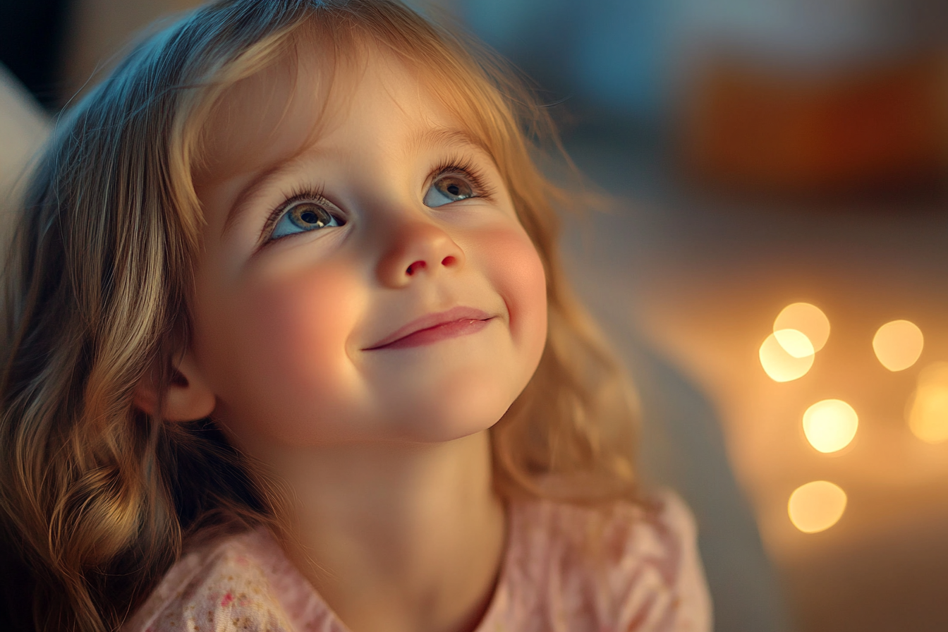 A smiling little girl looking up | Source: Midjourney