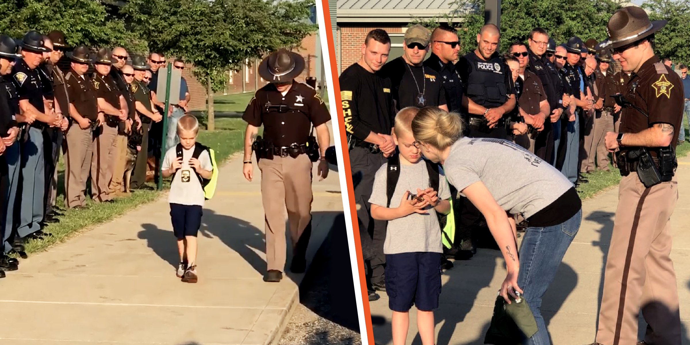 Dakota Pitts walks to school | Dakota Pitts surrounded by his mom and police officers | Source: facebook.com/tribstar | twitter.com/KileyThomasNews