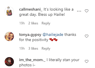 Comments on Hailie Jade's Instagram post. Source | Photo: instagram.com/hailiejade/